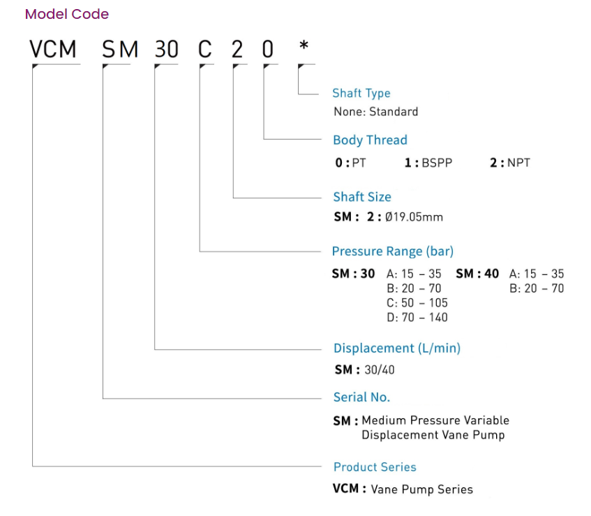 Camel CML Hydraulic Variable Vane Pump Model Selection VCM-SF-30A-20 Camel CML Hydraulic Variable Vane Pump